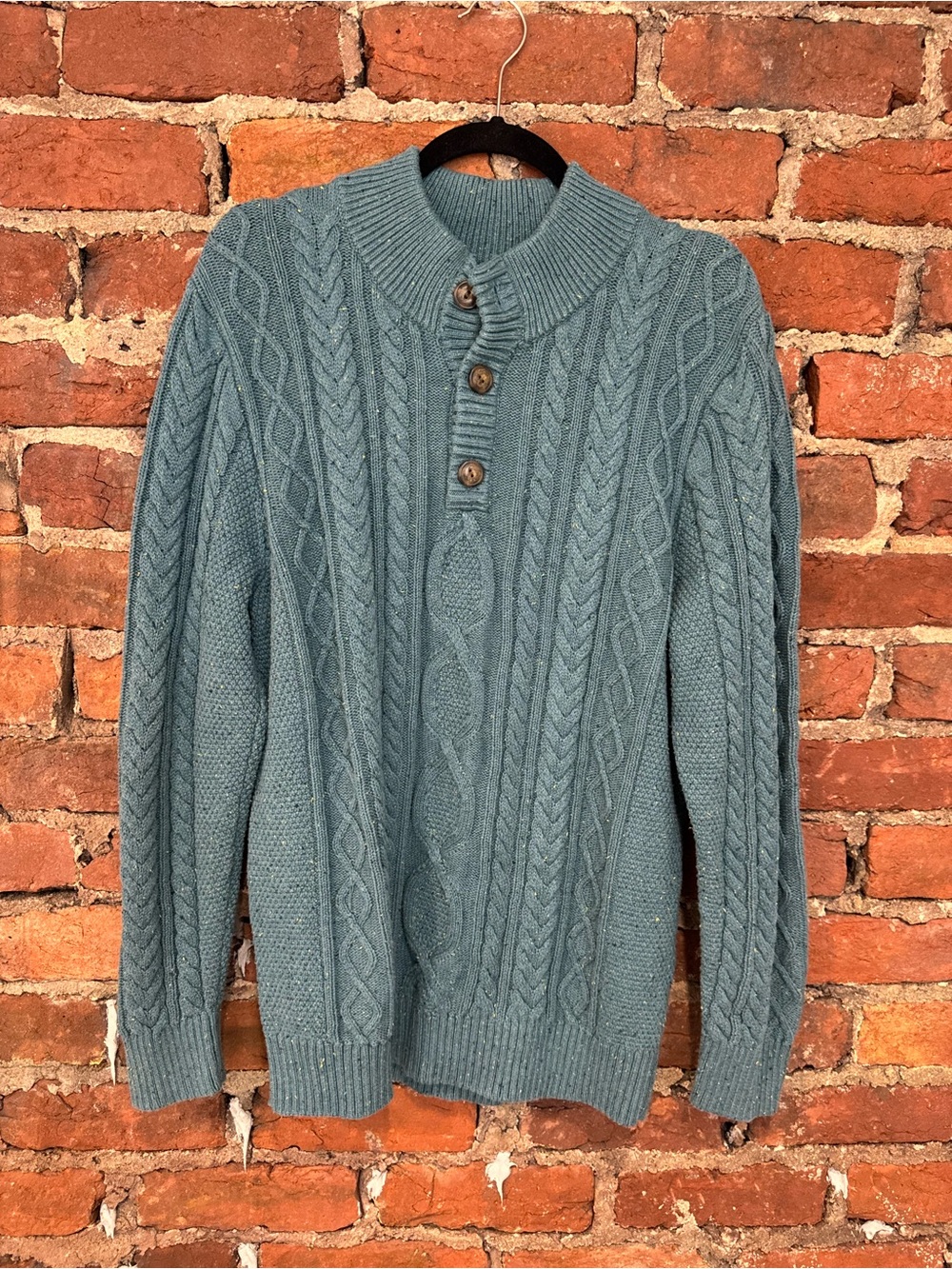 LL Bean Men’s Teal & Yellow Heritage Cable Knit Fisherman Sweater (100% Cotton)